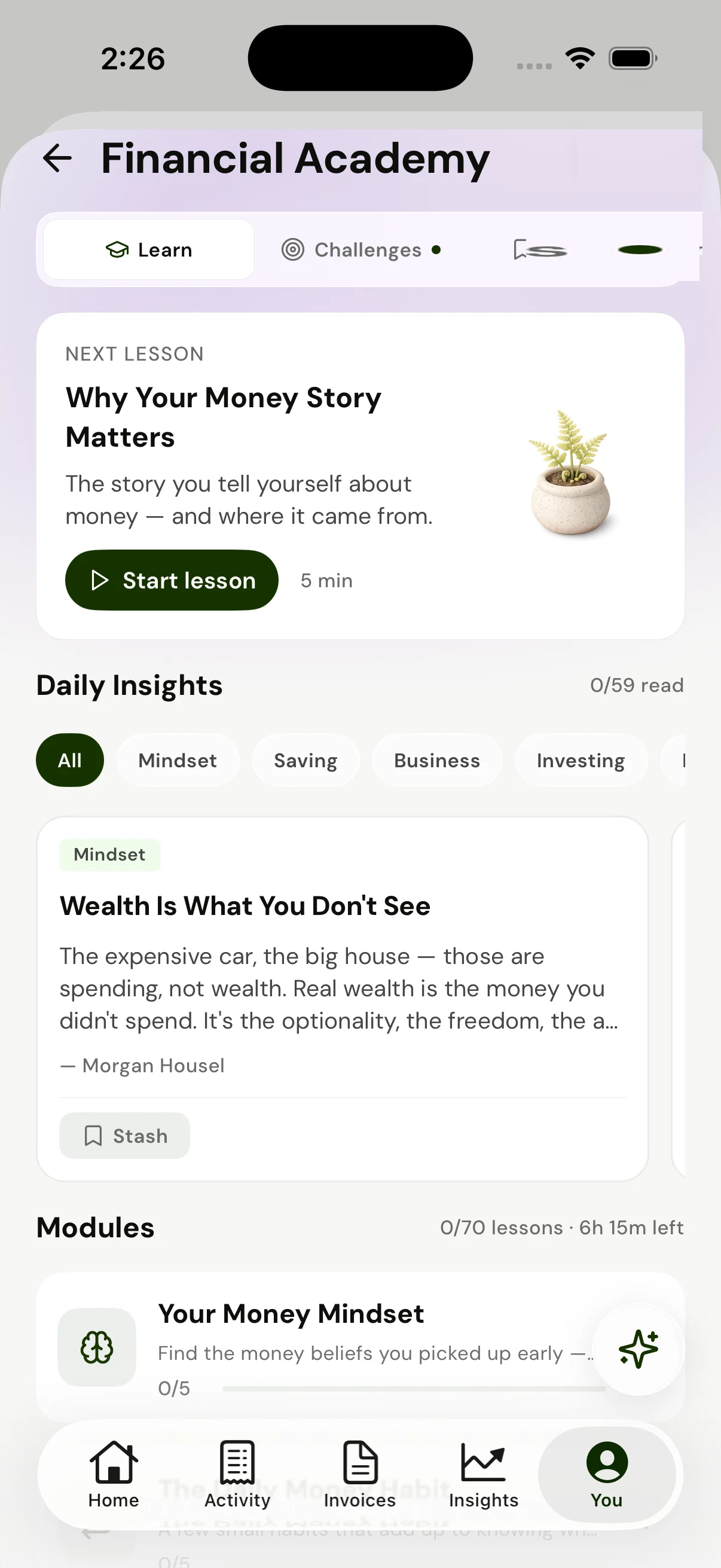 VRITTI Financial Academy — next lesson, daily insights, and modules