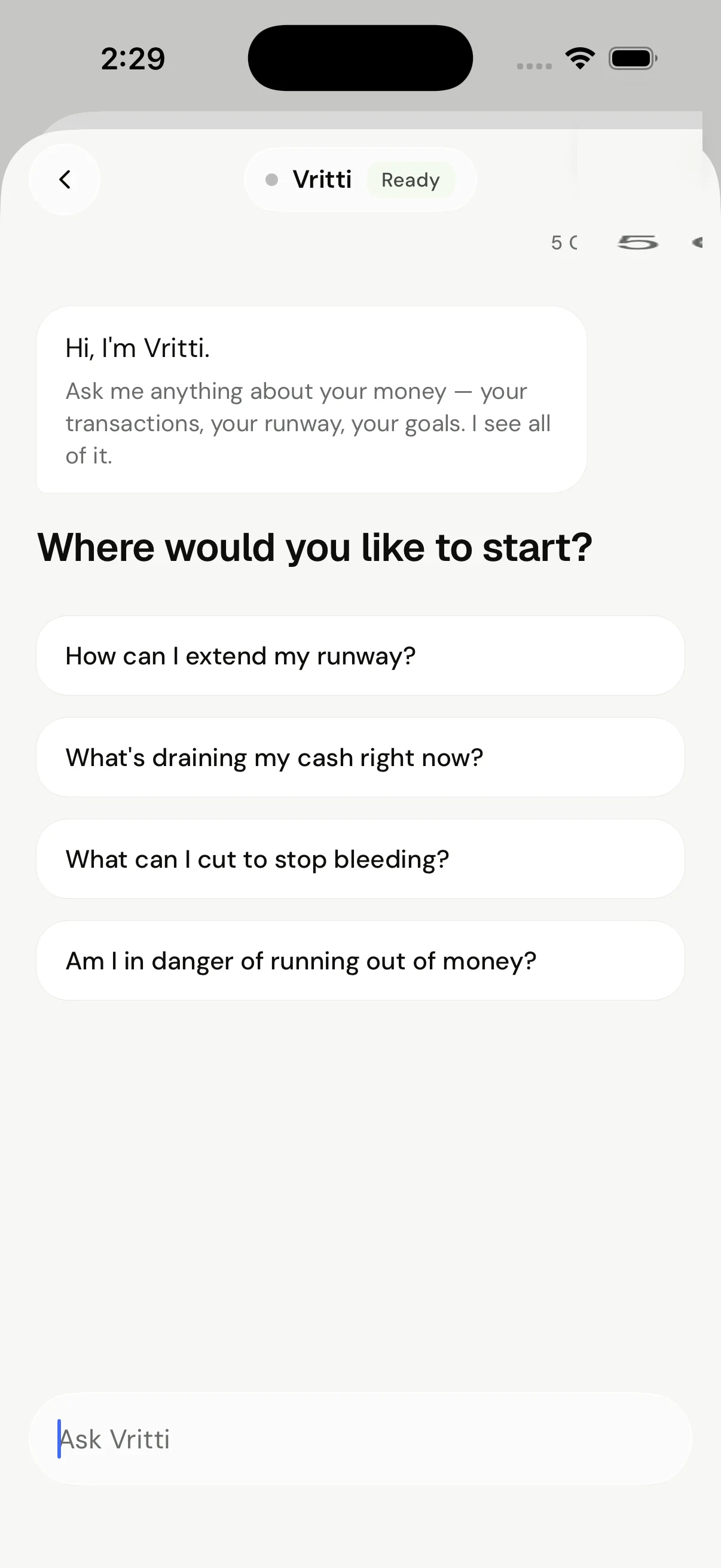 Ask VRITTI — AI answers grounded in your numbers, shame-free tone