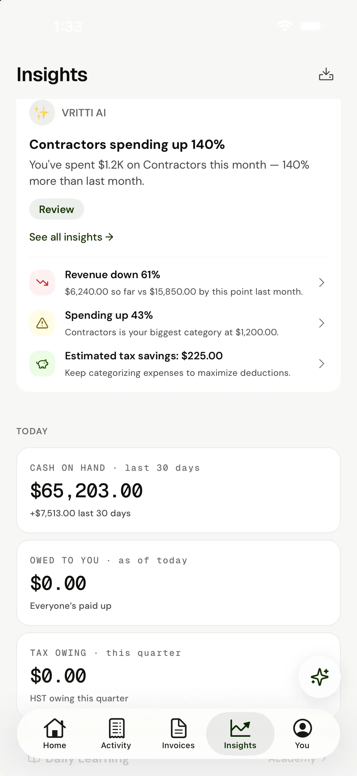 VRITTI Insights — cash on hand, what’s owed to you, and the tax estimate