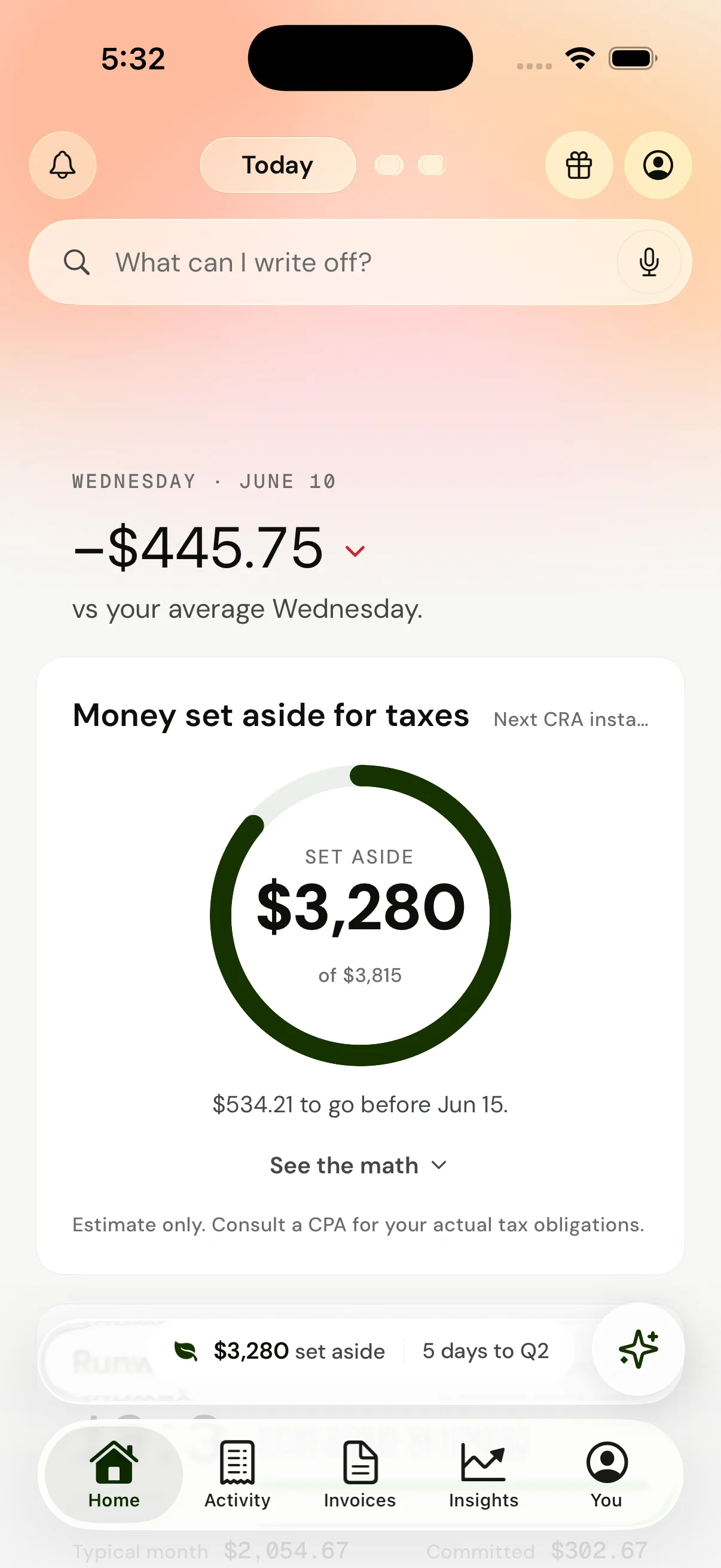 VRITTI Home — today’s net, CRA Tax Jar set-aside ring, and runway