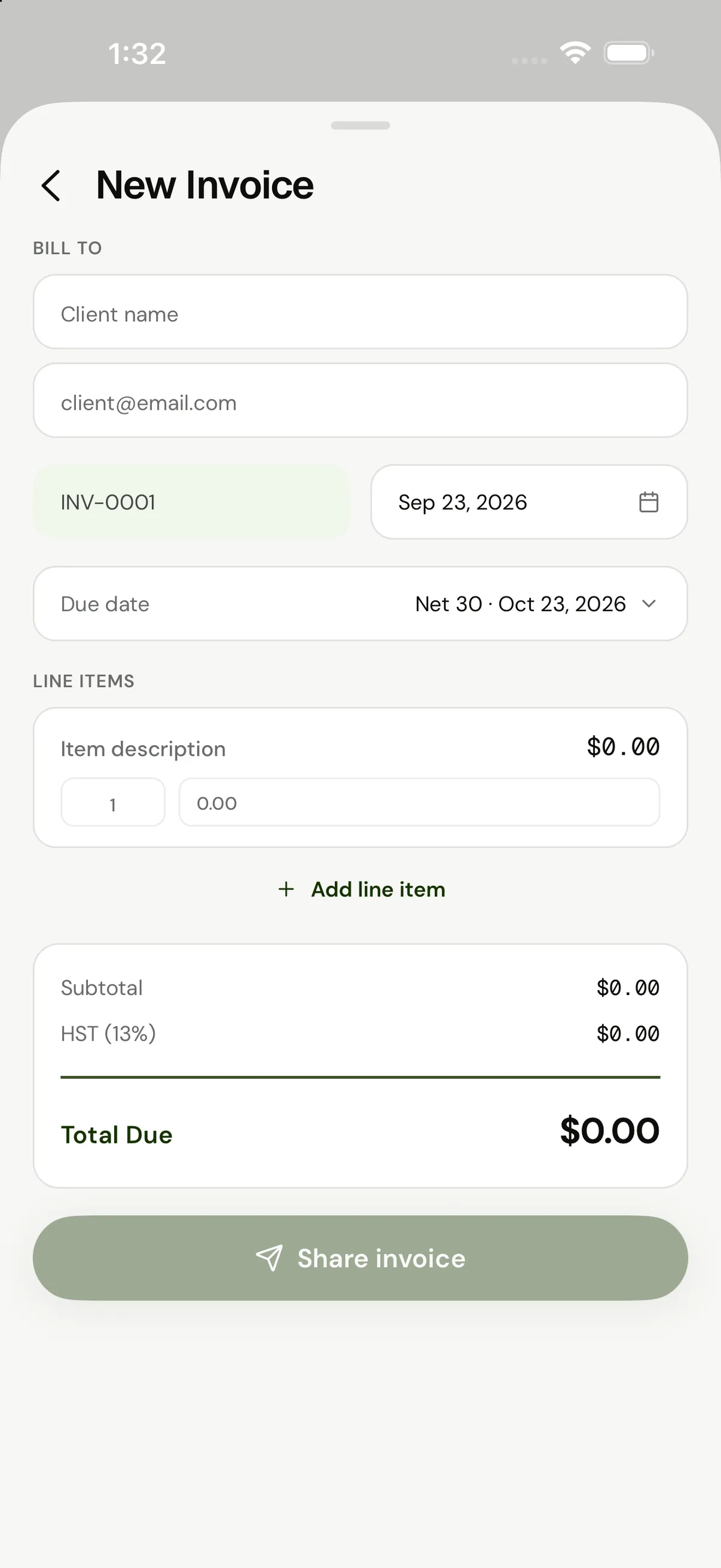 VRITTI New Invoice — bill a client, with HST added for you