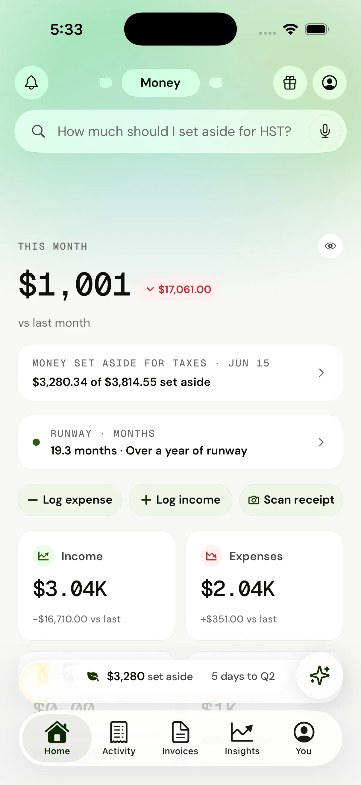 VRITTI Money view — income, expenses, runway, and the tax set-aside in one glance