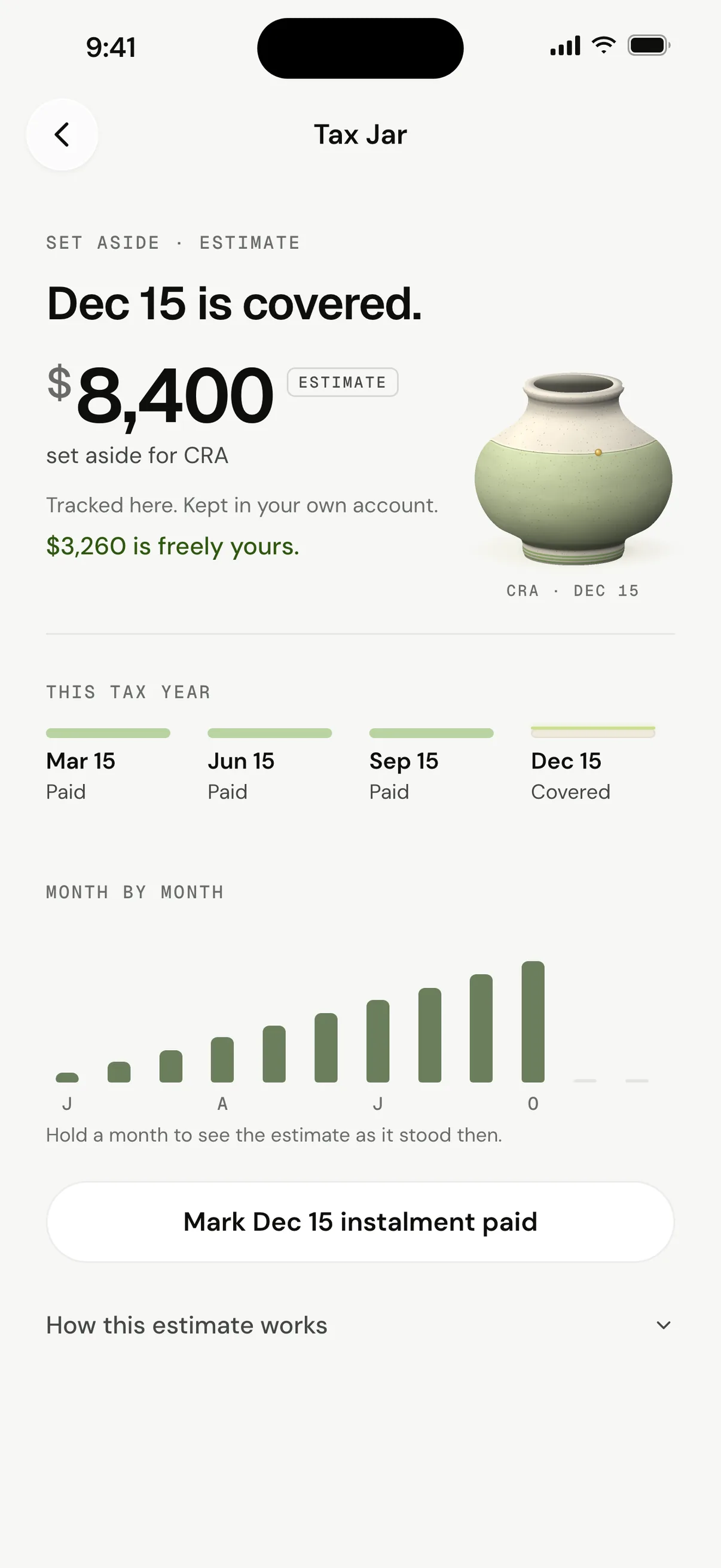 VRITTI Tax Jar: an $8,400 tax estimate for the year, built up payment by payment