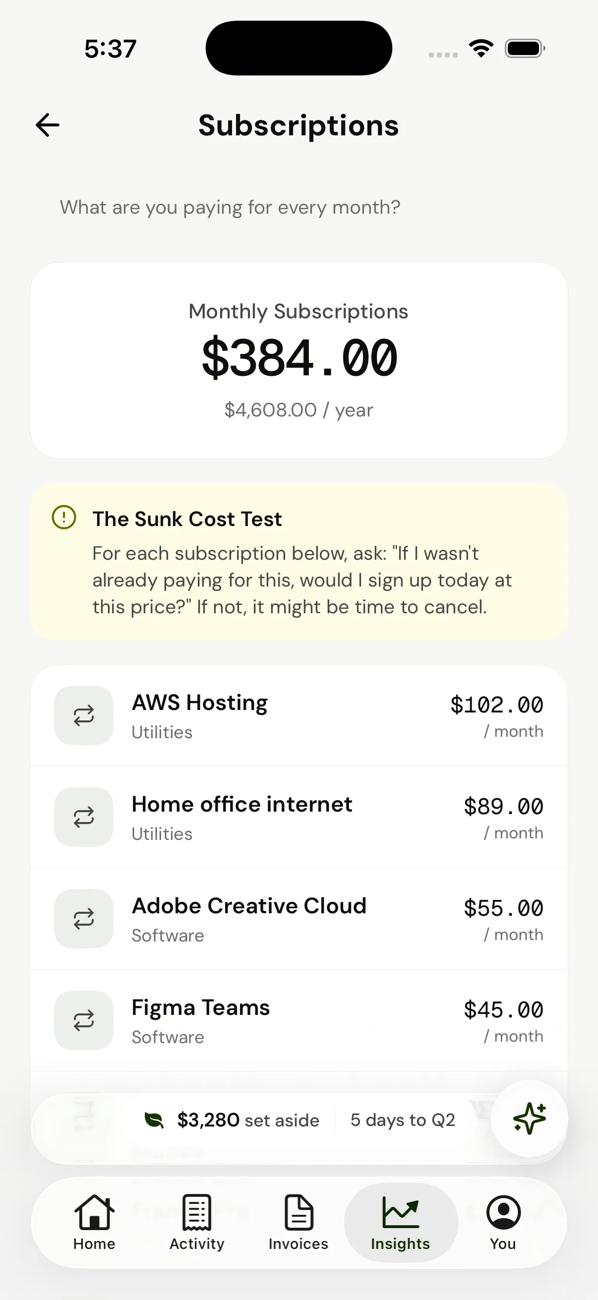 Subscription audit — what you pay every month, and the sunk-cost test