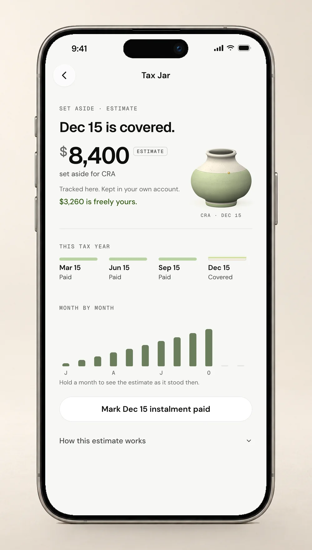 VRITTI Tax Jar on iPhone: this year’s tax estimate, built up payment by payment, with $3,260 freely yours