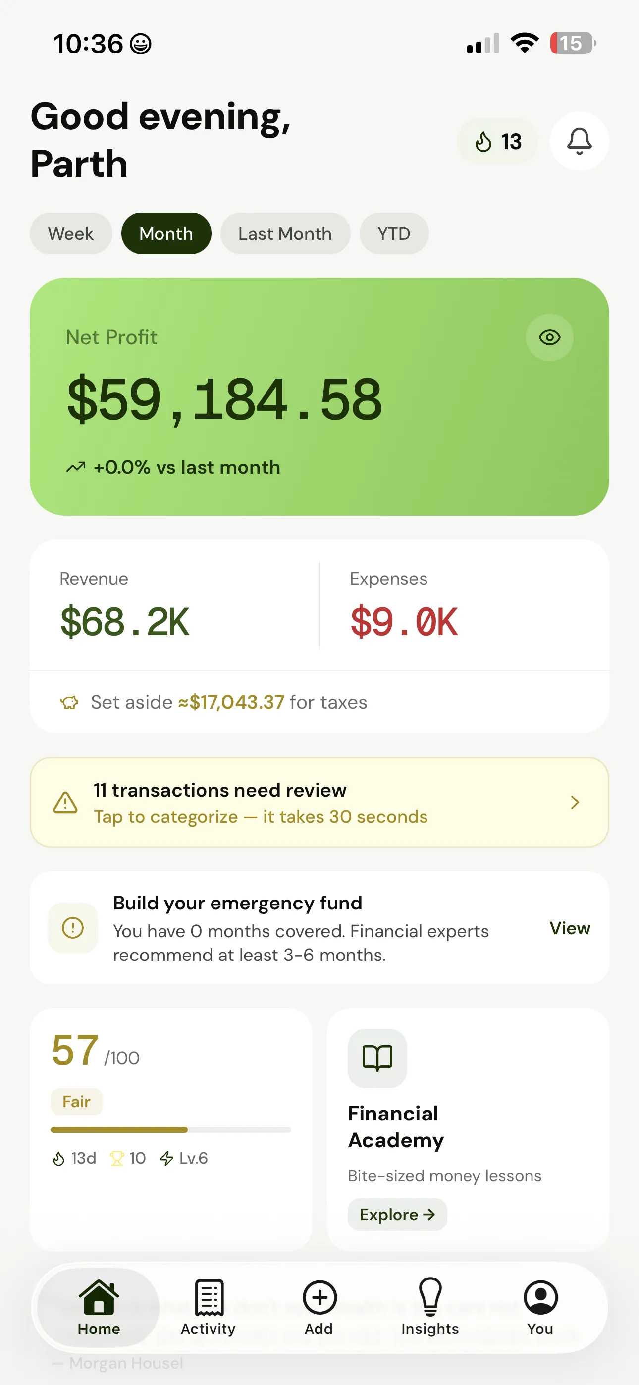 VRITTI Dashboard — Financial health score, challenges, and Academy progress