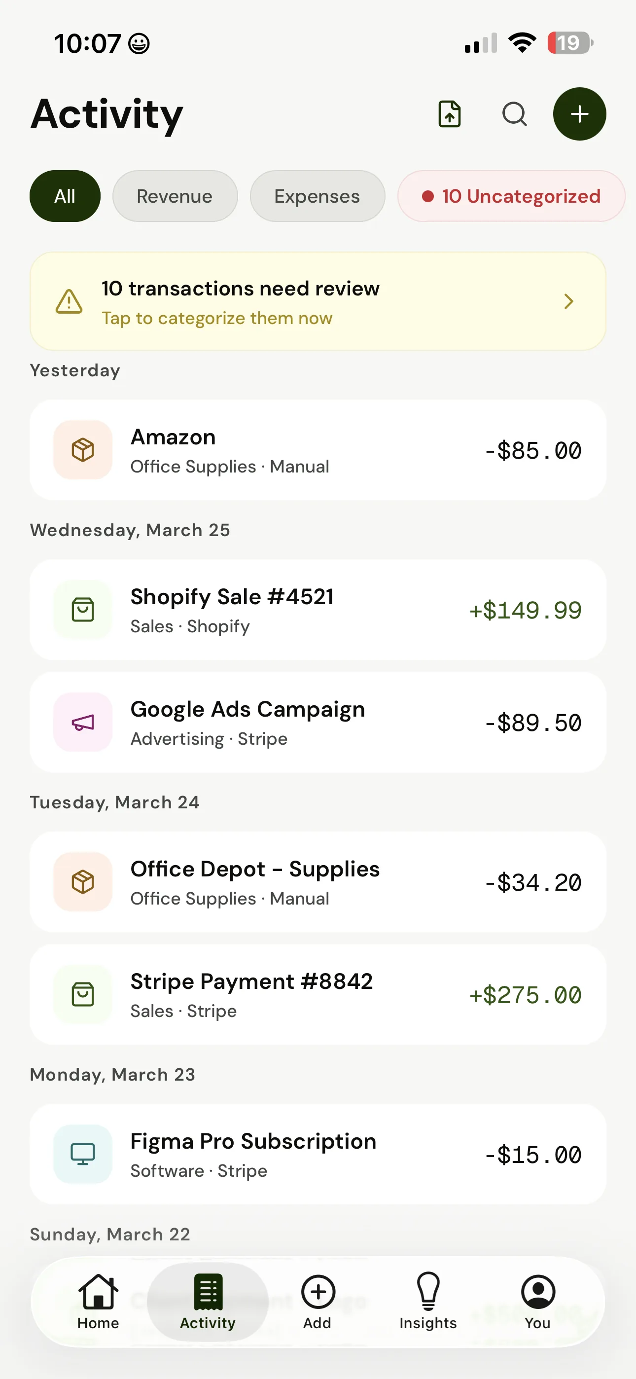 Activity feed — all transactions, auto-categorized