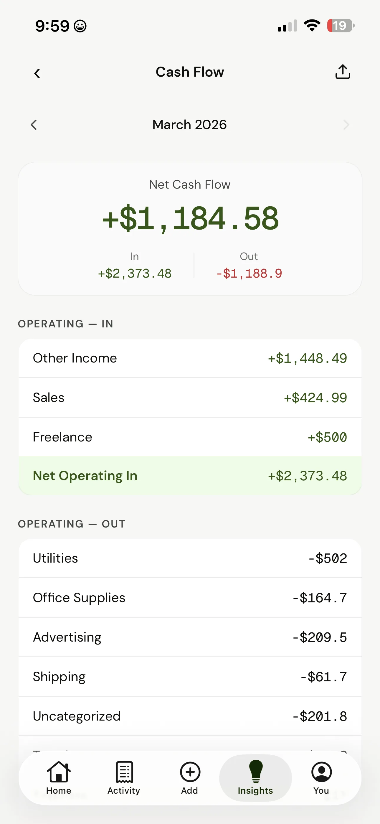 Cash Flow — net income vs outgoing breakdown