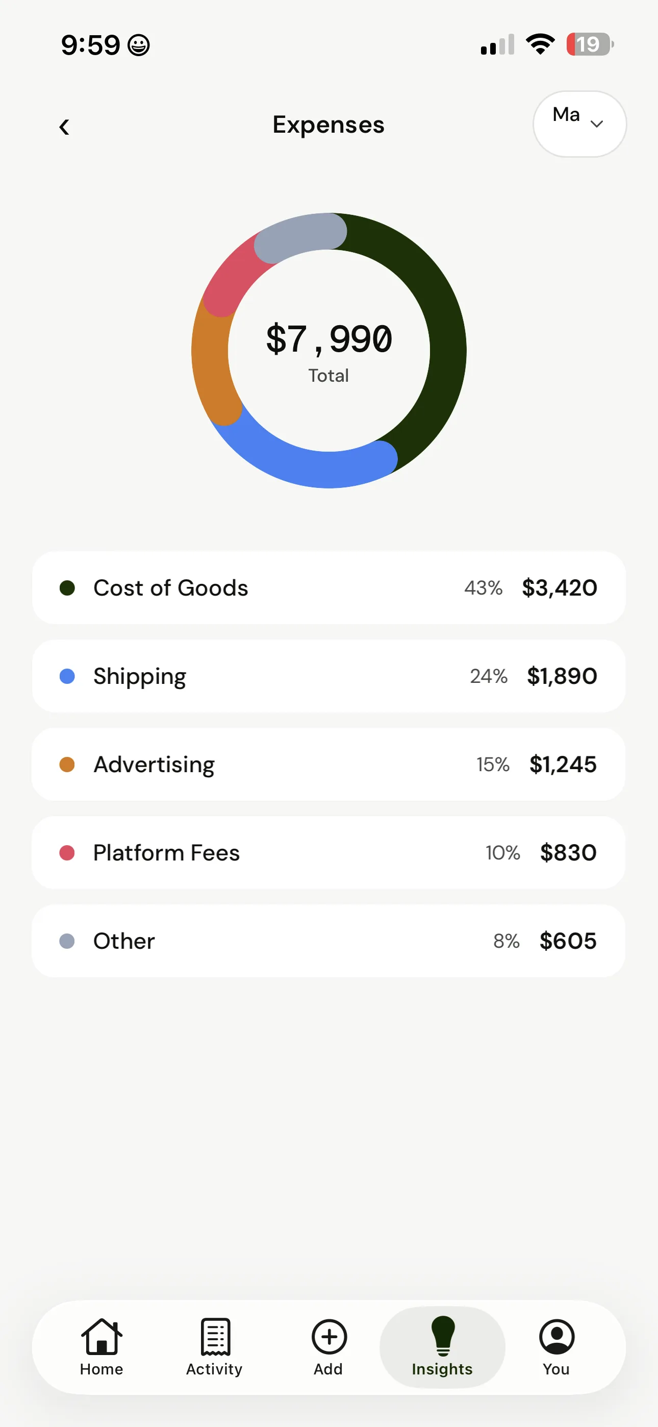 Expenses breakdown — visual donut chart by category